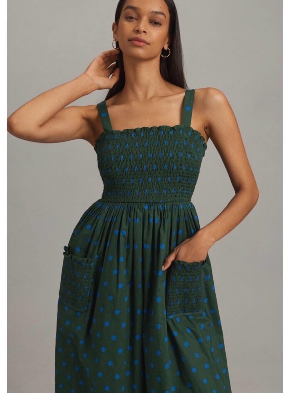 Anthropologie Pinnacle Smocked A-Line Midi Dress - Green with BluePolka Dots - M - Picture 2 of 9